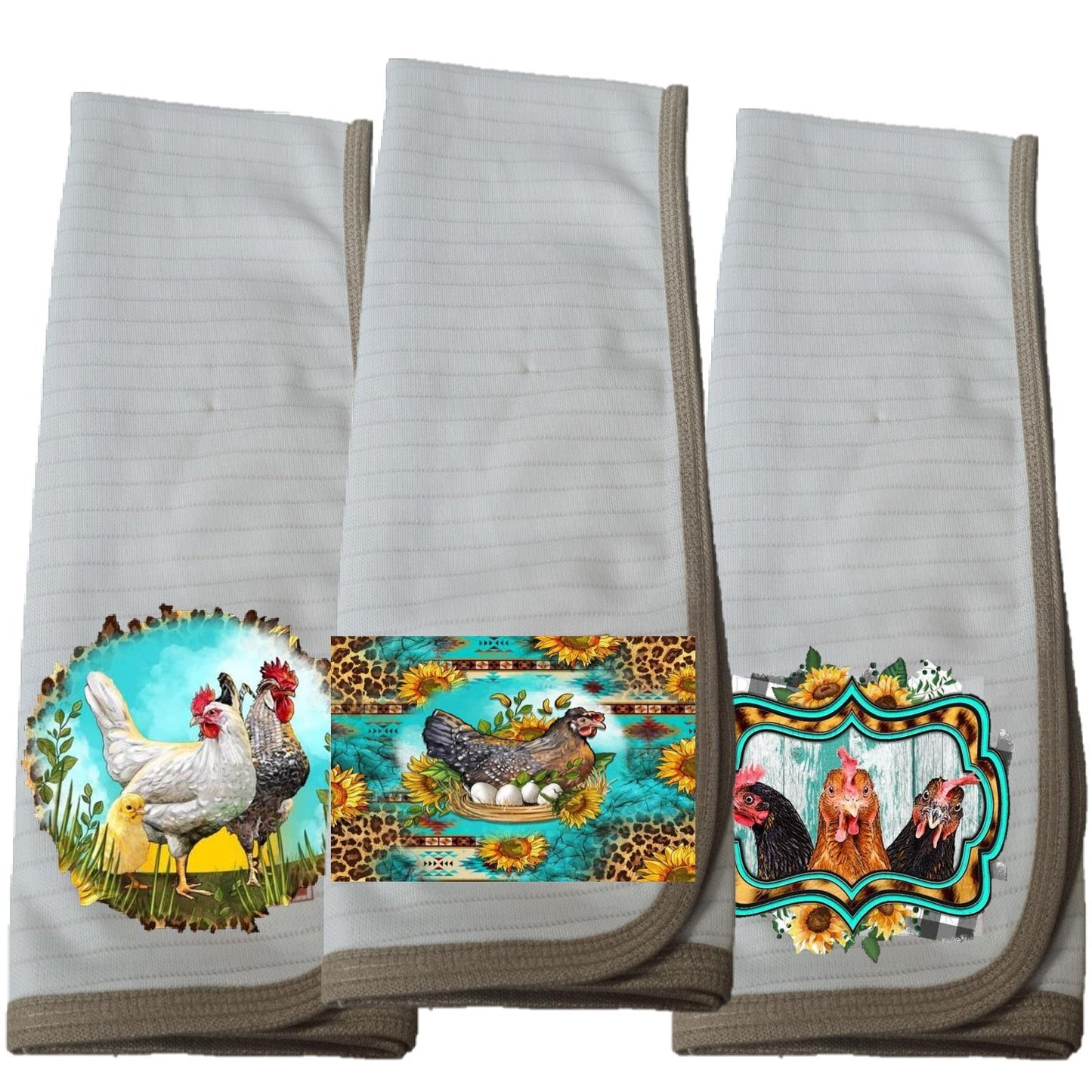 Pack 3 paños de platos absorbente GALLINAS COUNTRY, tela cobre activo (grueso).
