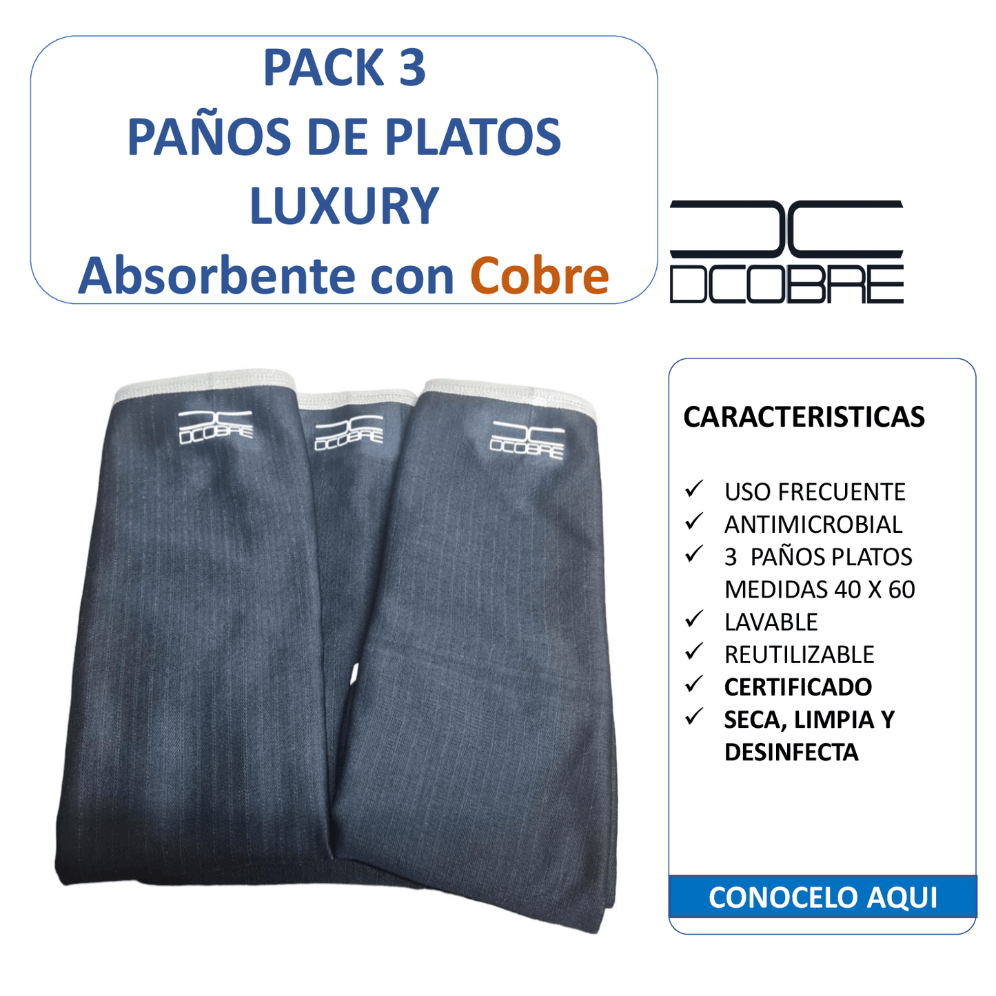 Pack 3 Paños de Platos con Cobre modelo LUXURY, nuevo, liquidación.