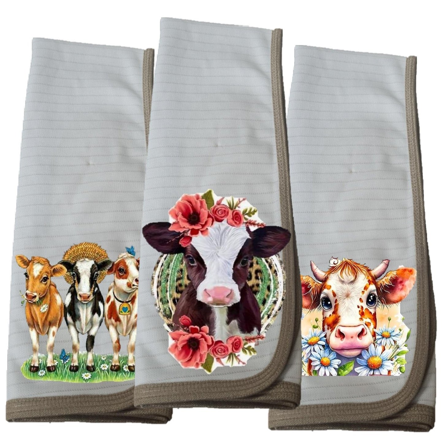 Pack 3 paños de platos absorbente VAQUITA FLOR, tela cobre activo (grueso).