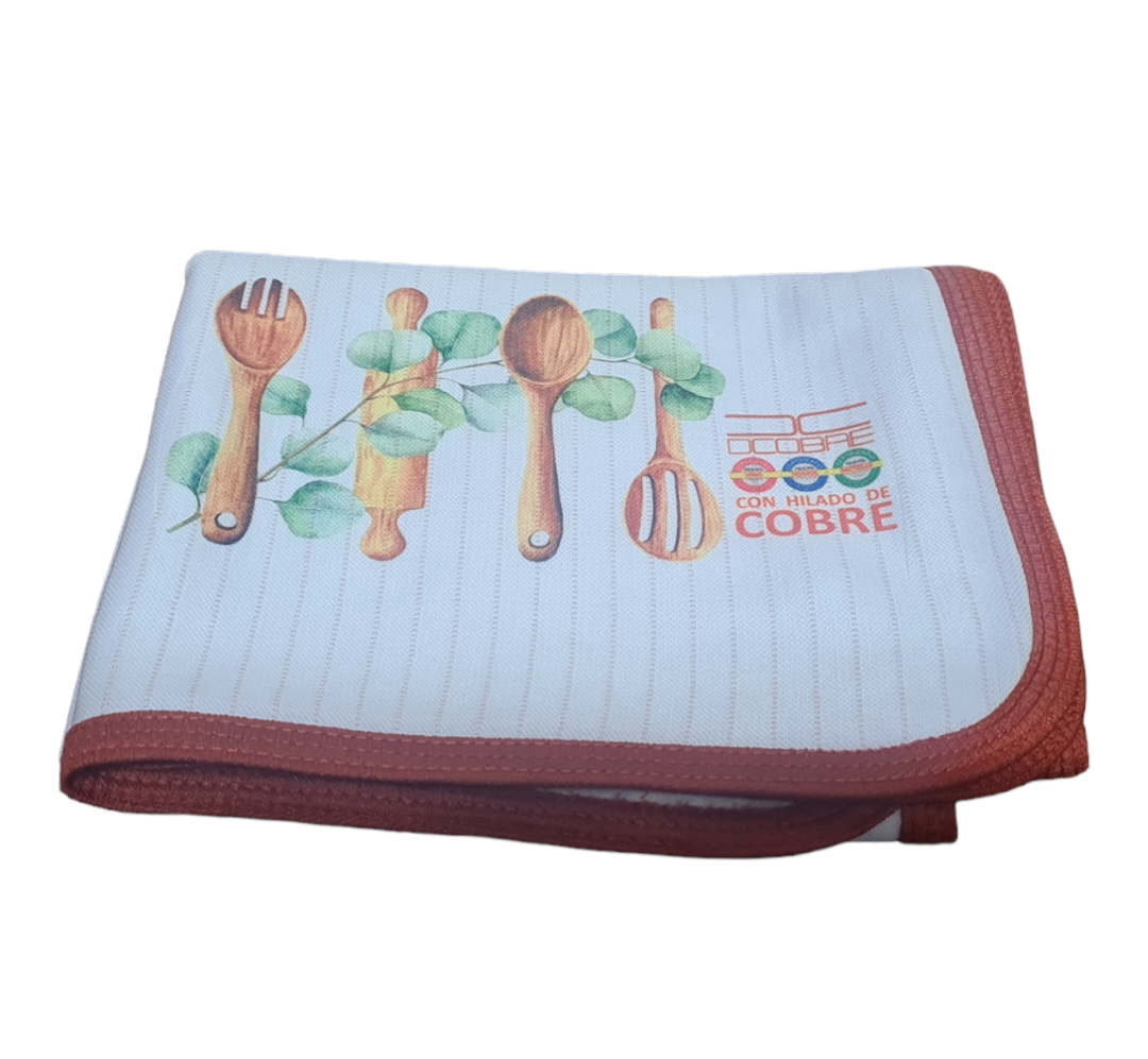 1 Unidad Paño Loza cobre, varios diseños, BYE MICROBIO, CUCHARONES.