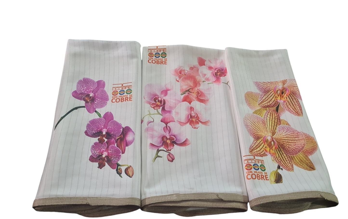 Pack 3 toallas de microfibra absorbente diseño orquídea, tela cobre activo (grueso).