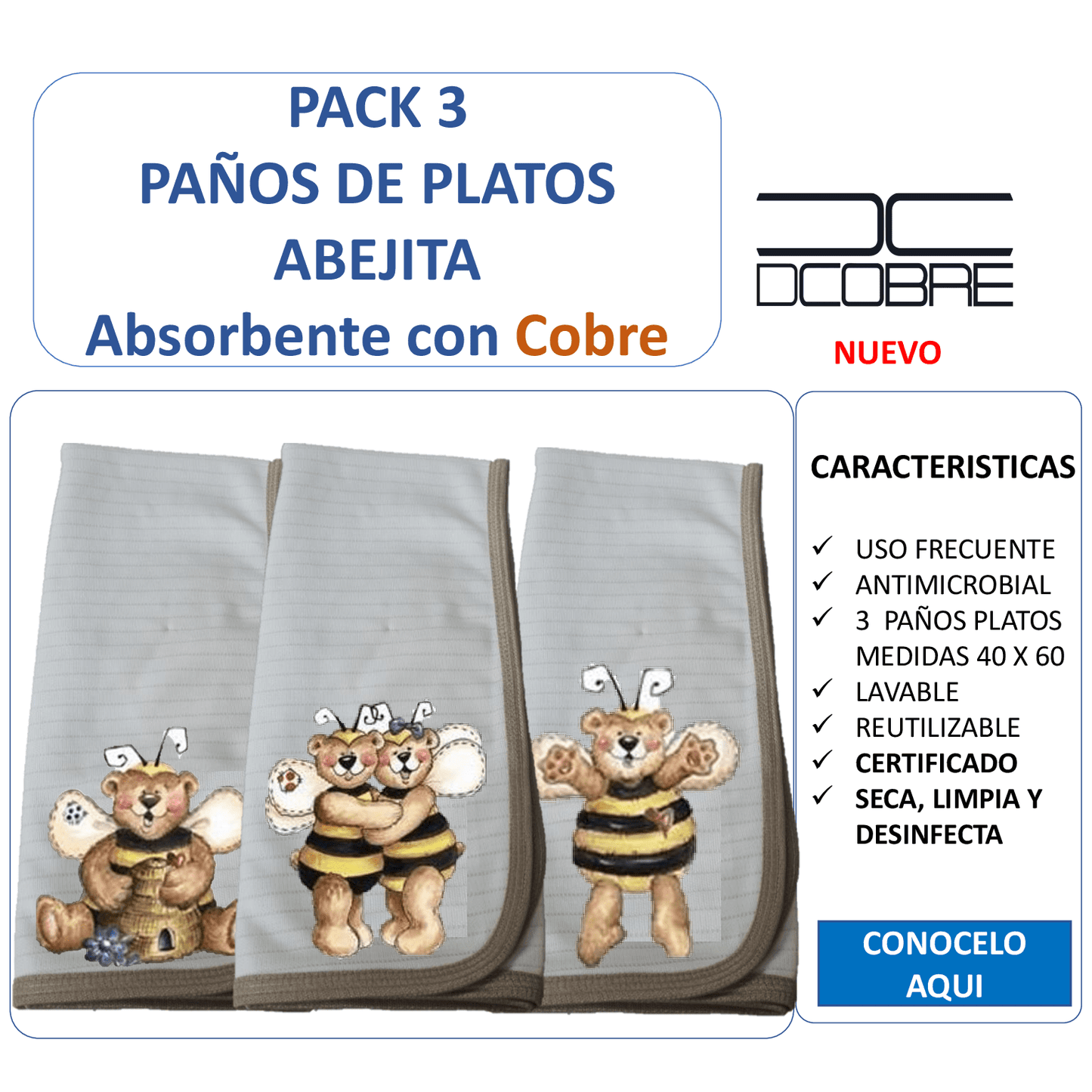 Pack 3 paños de platos absorbente ABEJAS , tela cobre activo (grueso).