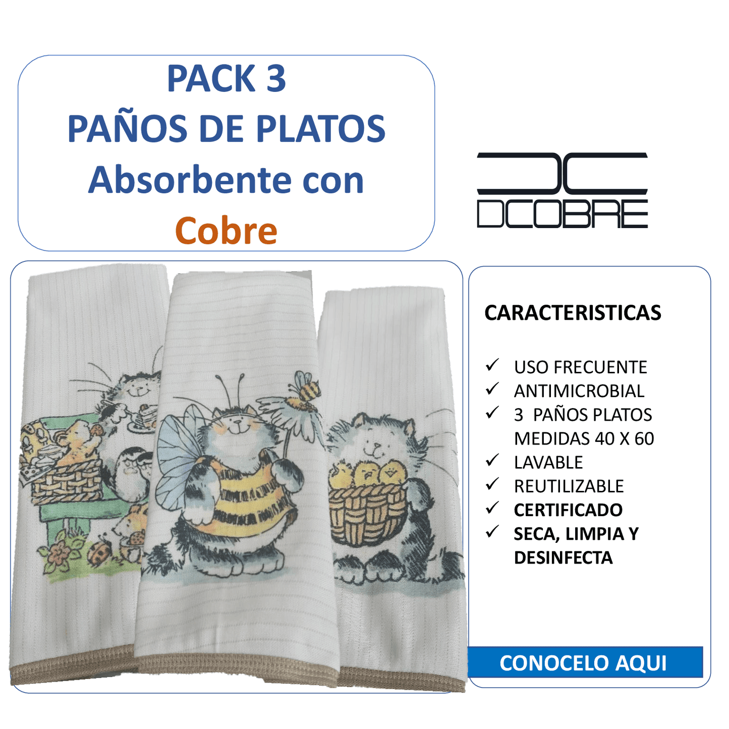 Pack 3 paños de platos absorbente ABEJORRO , tela cobre activo (grueso) NUEVO