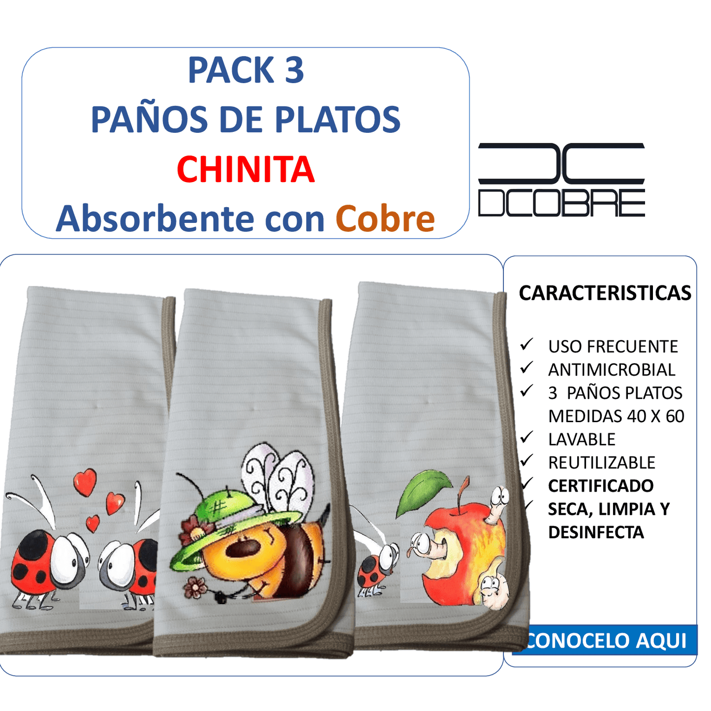 Pack 3 paños de platos absorbente CHINITAS , tela cobre activo (grueso).