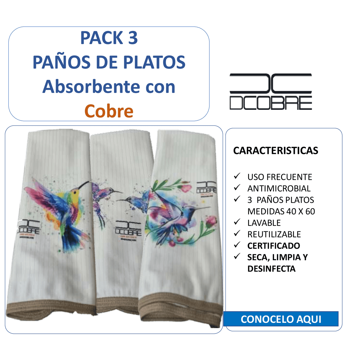 3 paños de platos ELIMINA OLORES Y GERMENES absorbentes Mod. COLIBRI 2, tela cobre activo (grueso).