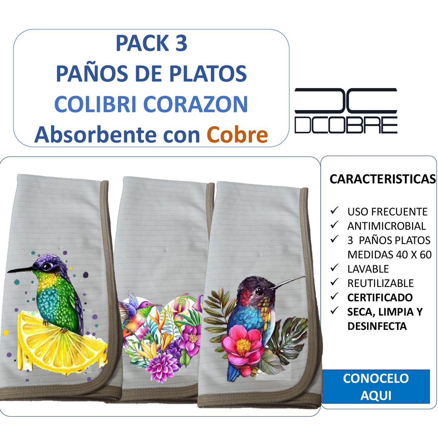 Pack 3 paños de platos absorbente COLIBRI CORAZON , tela cobre activo (grueso).