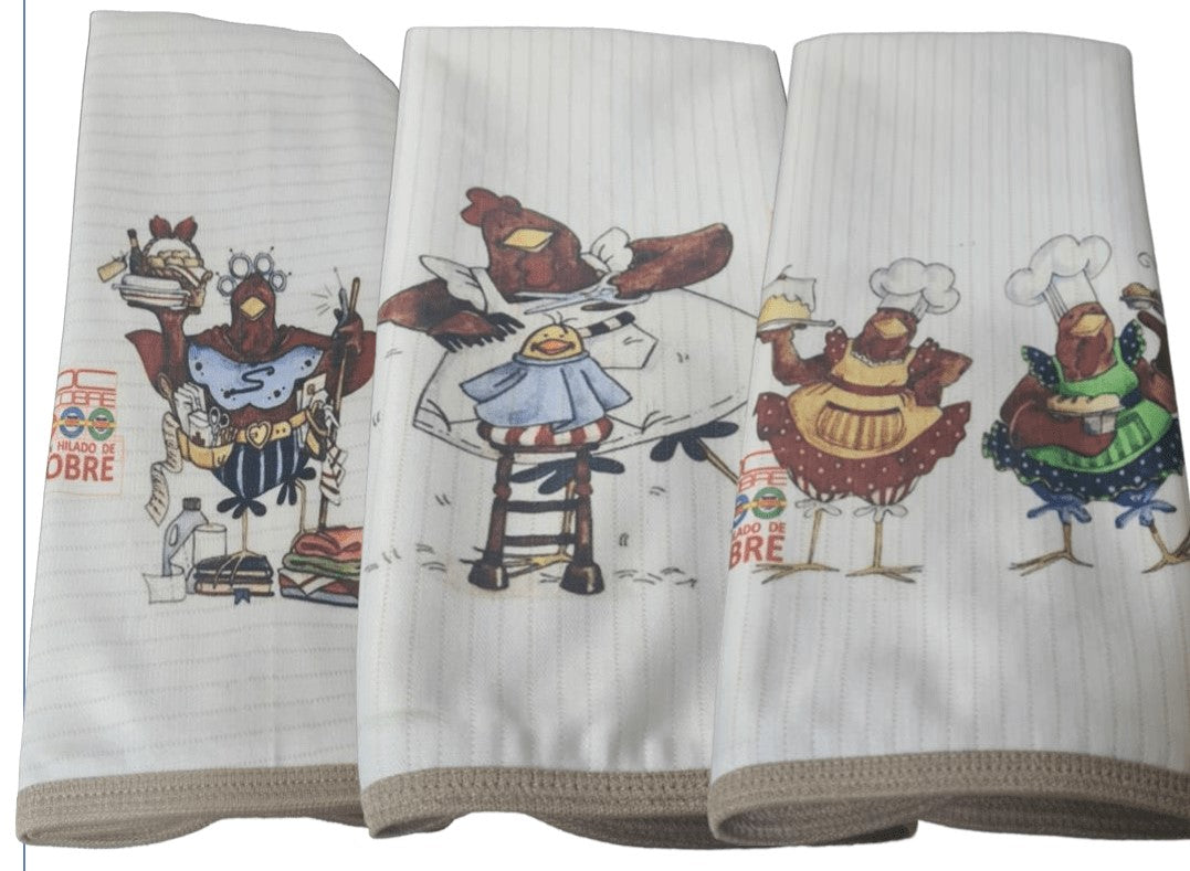 Pack 3 paños de platos absorbente, GALLINAS 2 tela cobre activo (grueso).