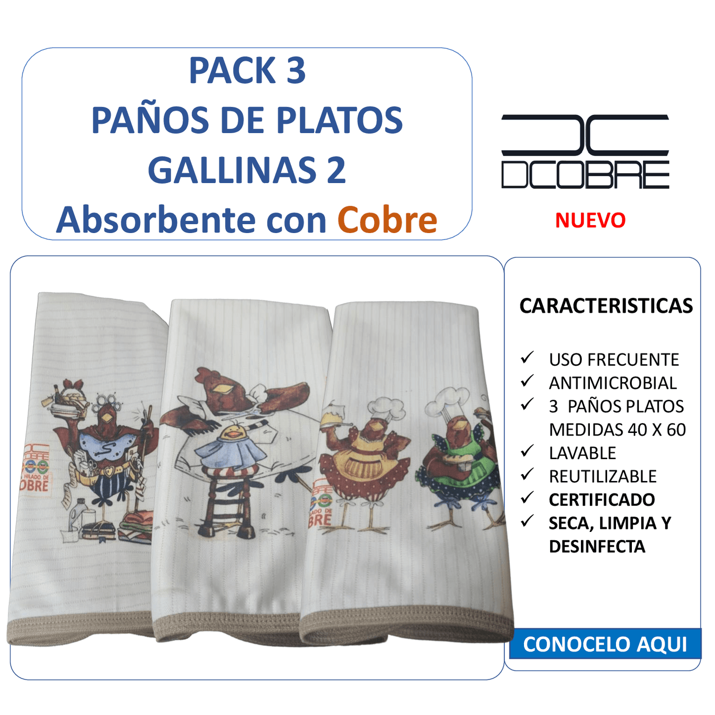 Pack 3 paños de platos absorbente, GALLINAS 2 tela cobre activo (grueso).