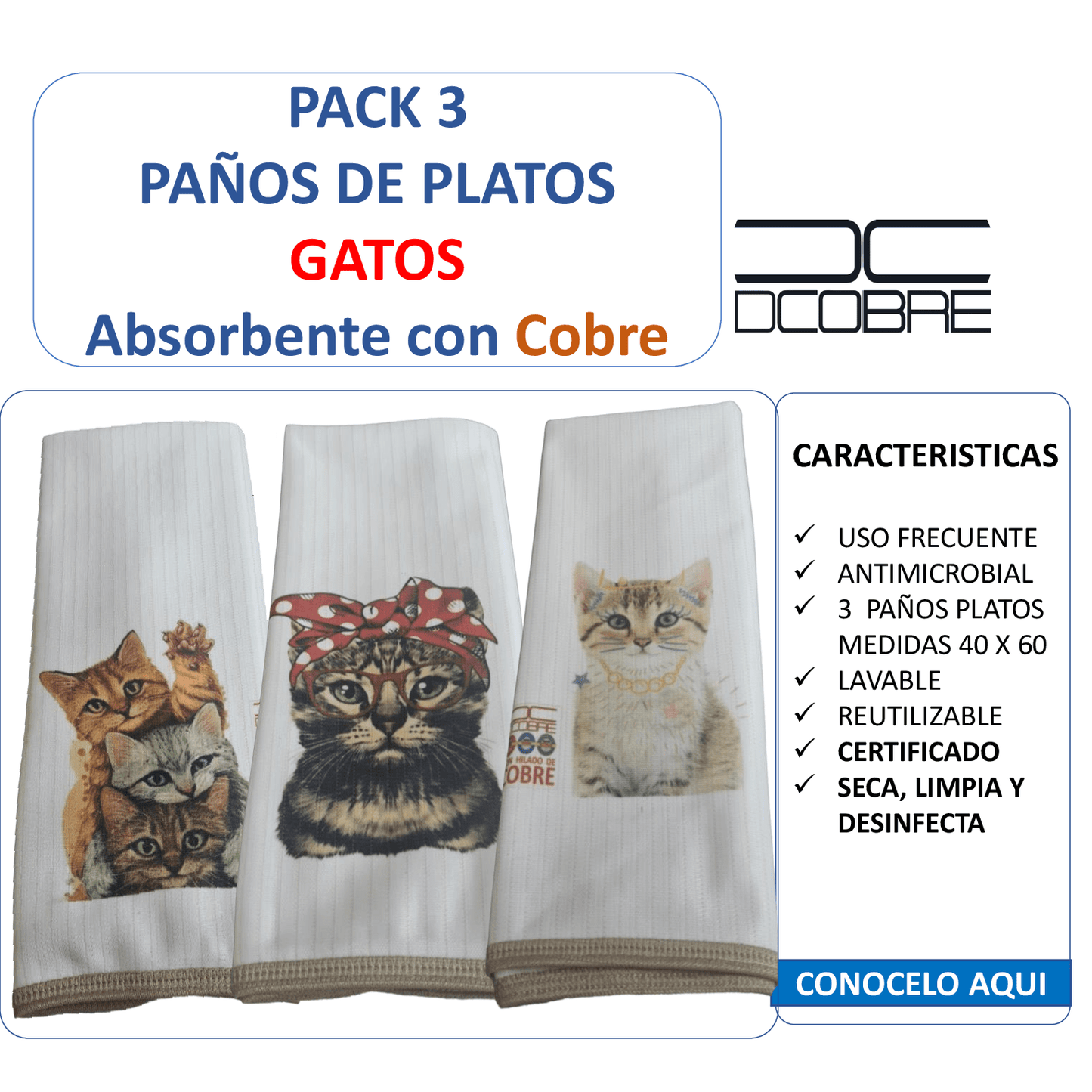 3 paños de platos Cobre absorbente elimina germenes y olores GATOS, (grueso).