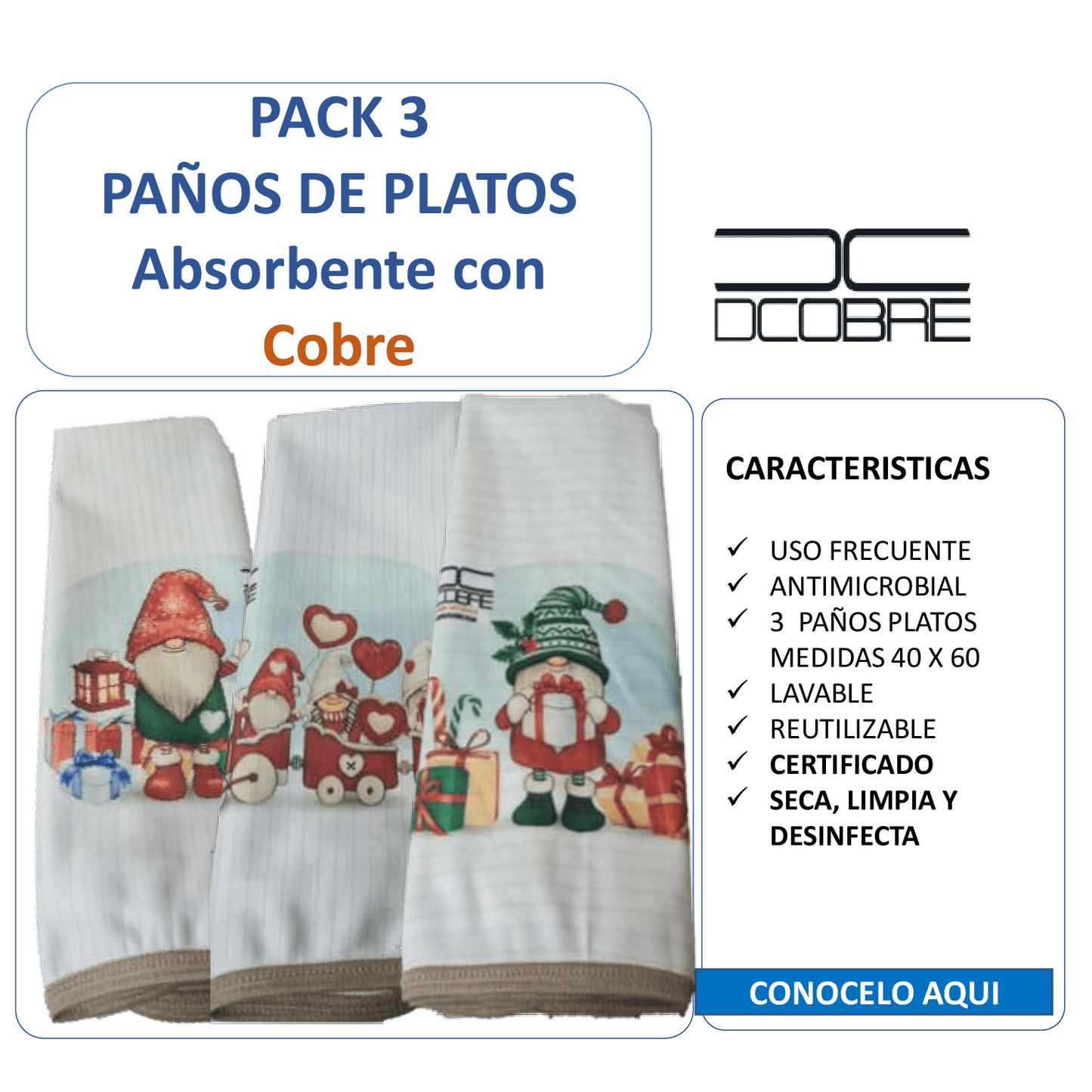 Pack 3 paños de platos Mod. DUENDE NAVIDAD.