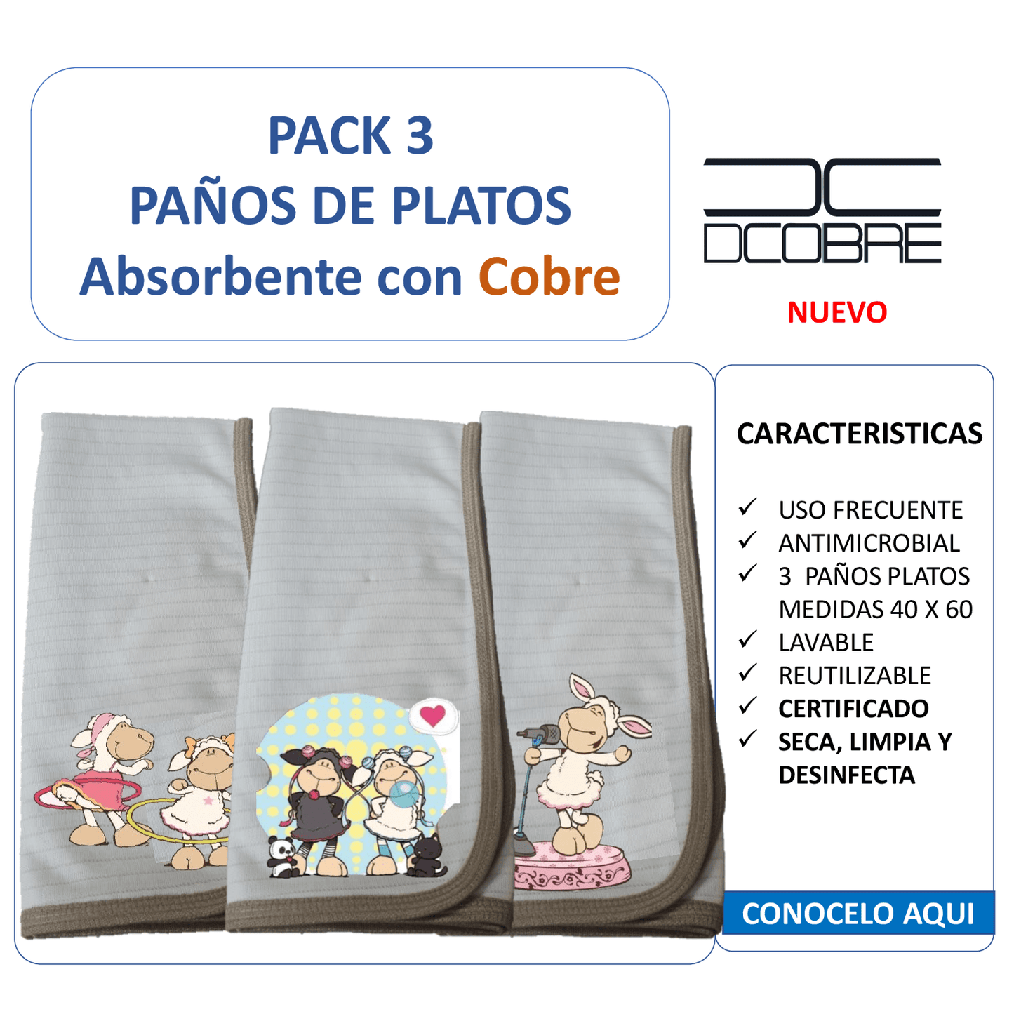 Pack 3 paños de platos absorbente OVEJAS COQUETAS, tela cobre activo (grueso).