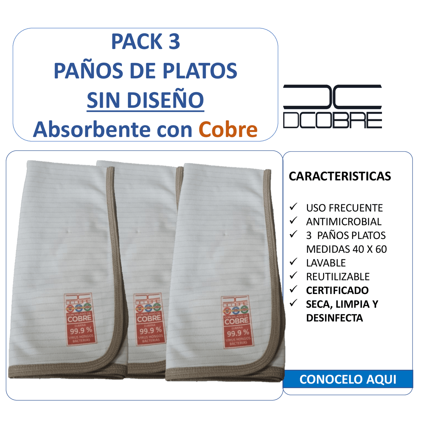 3 paños platos Cobre absorbente, elimina olores y germenes liso Blanco, (grueso).