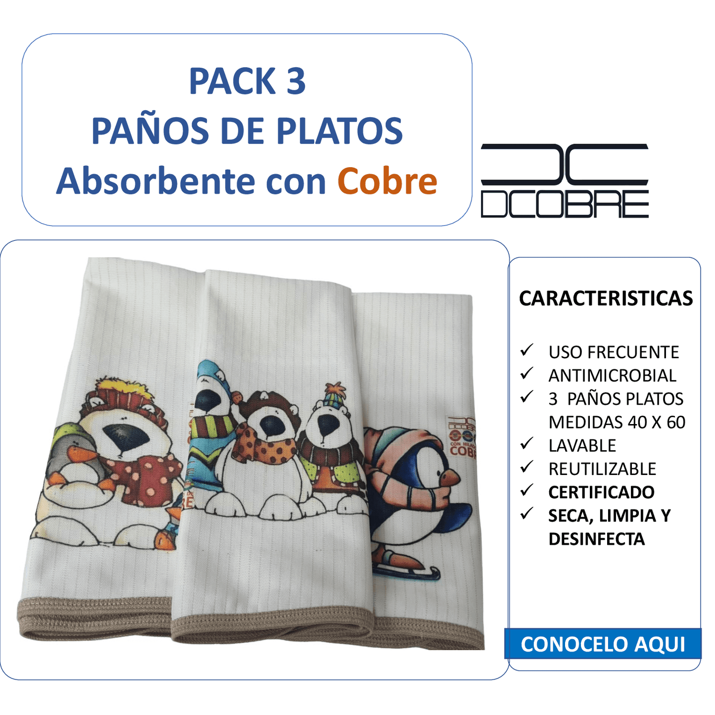 Pack 3 paños de platos absorbentes Mod. OSOS POLARES , tela cobre activo (grueso).