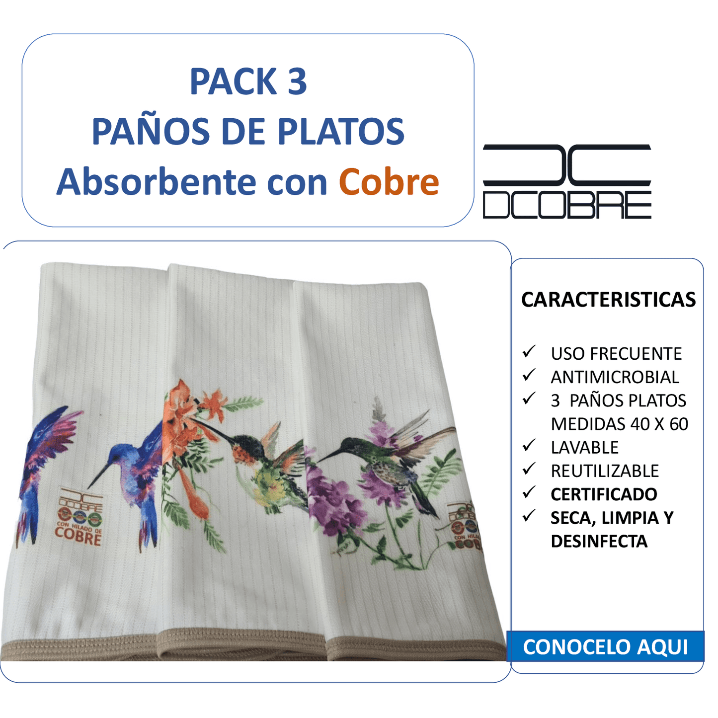 3 paños de platos absorbentes ELIMINA OLORES Y GERMENES. COLIBRI EN FLOR, tela cobre activo (grueso).