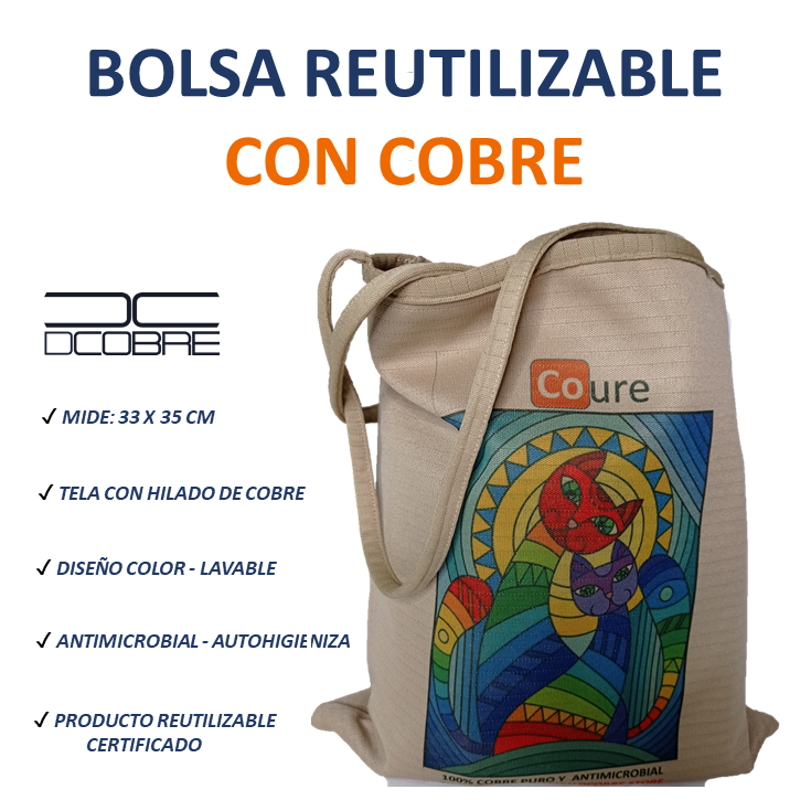Bolsa Reutilizable con COBRE activo. Diseño BEIGE GATO - DCobre