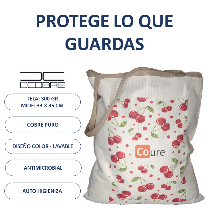 Bolsa Reutilizable con COBRE activo. Diseño CEREZAS (tela 300gr) - DCobre