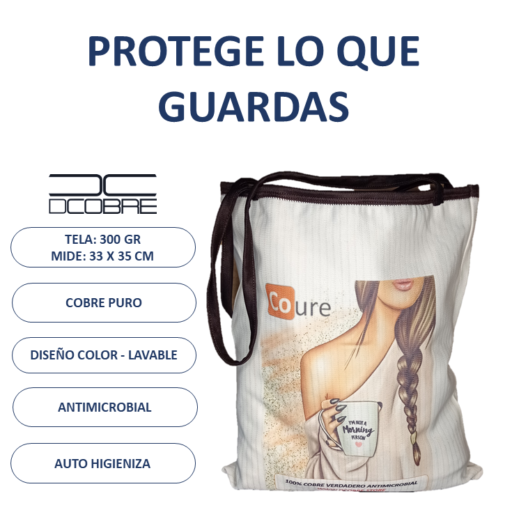 Bolsa Reutilizable con COBRE activo. Diseño COFFEE (tela 300gr) - DCobre