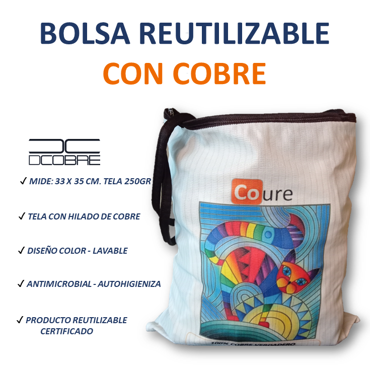 Bolsa Reutilizable con COBRE activo. Diseño GATO (tela 250gr)