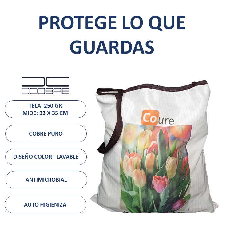 Bolsa Reutilizable con COBRE activo. Diseño Flores (tela 250gr) - DCobre