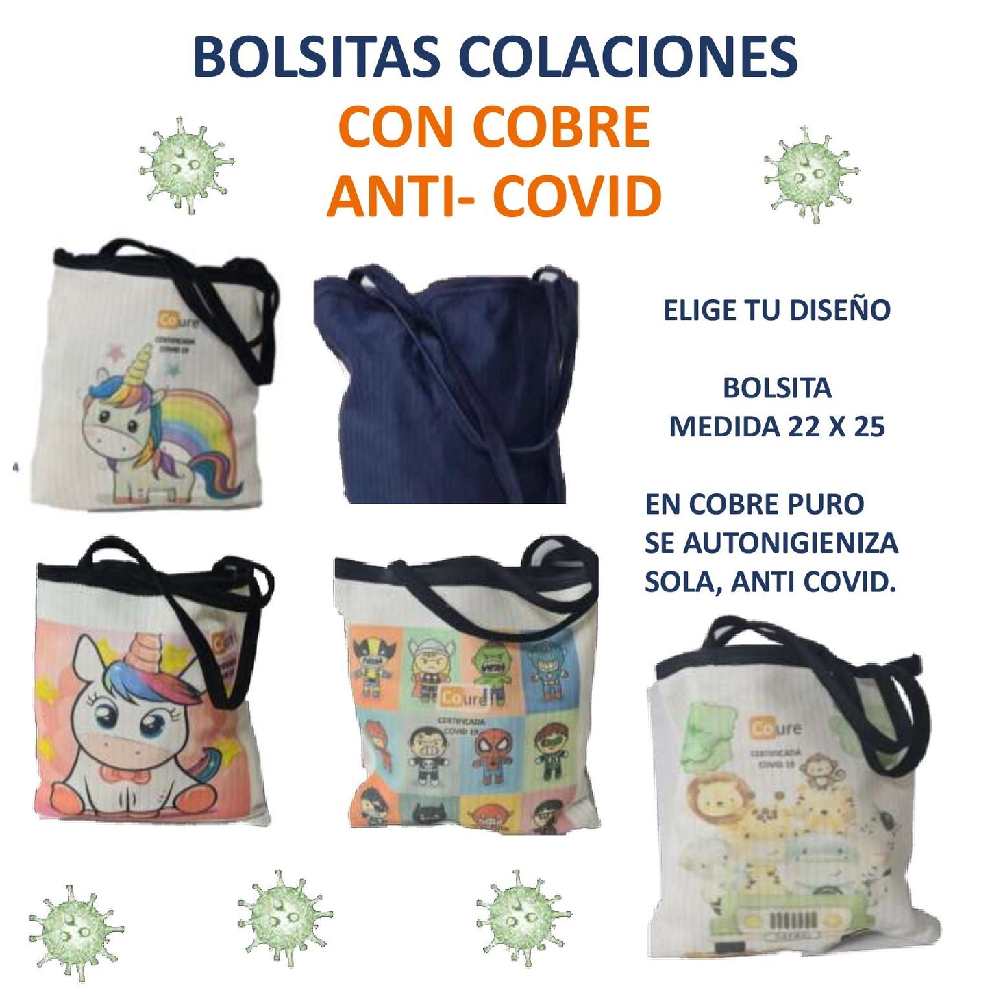 Bolsas reutilizables COLEGIO para colación diferentes modelos con cobre. 300grs.