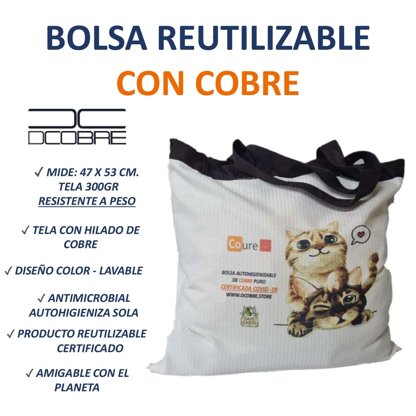 Bolsa Super con cobre Activo. Tela 300grs. Modelo Gato