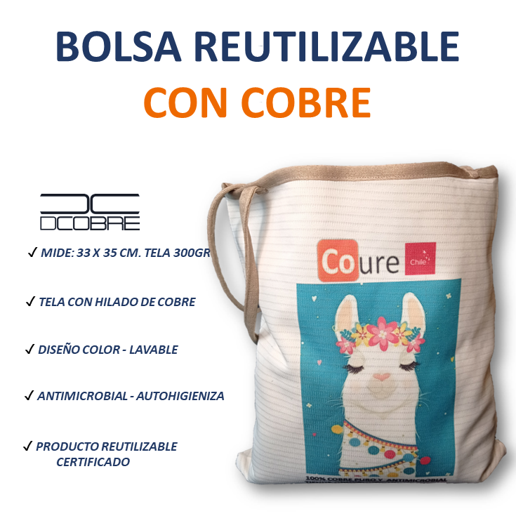 Bolsa Reutilizable con COBRE activo. Diseño LLAMA (tela 300gr)