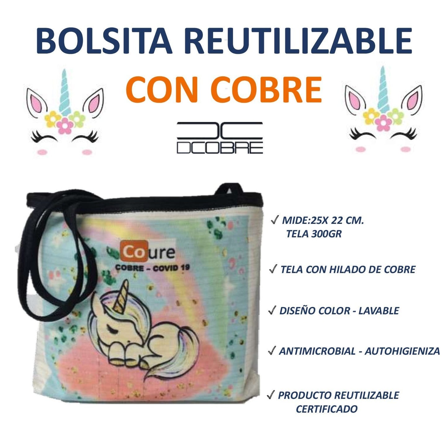 Bolsita Reutilizable con Cobre modelo Unicornio