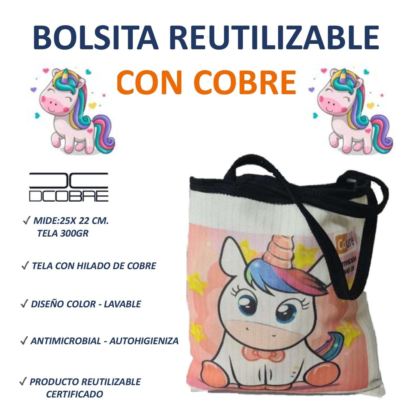 Bolsita Reutilizable con Cobre modelo Unicornio