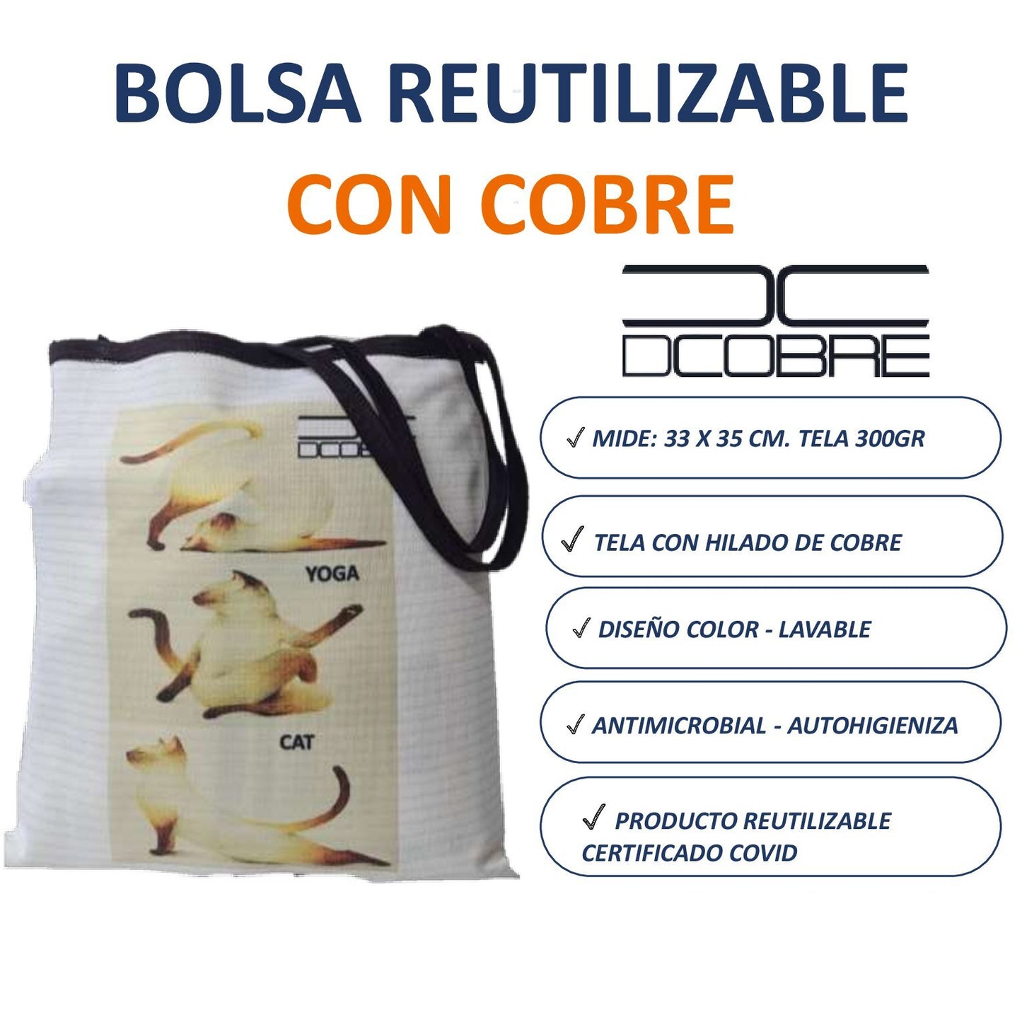 Bolsa Reutilizable con cobre activo. MOD. GATO YOGA. 300 Grs.