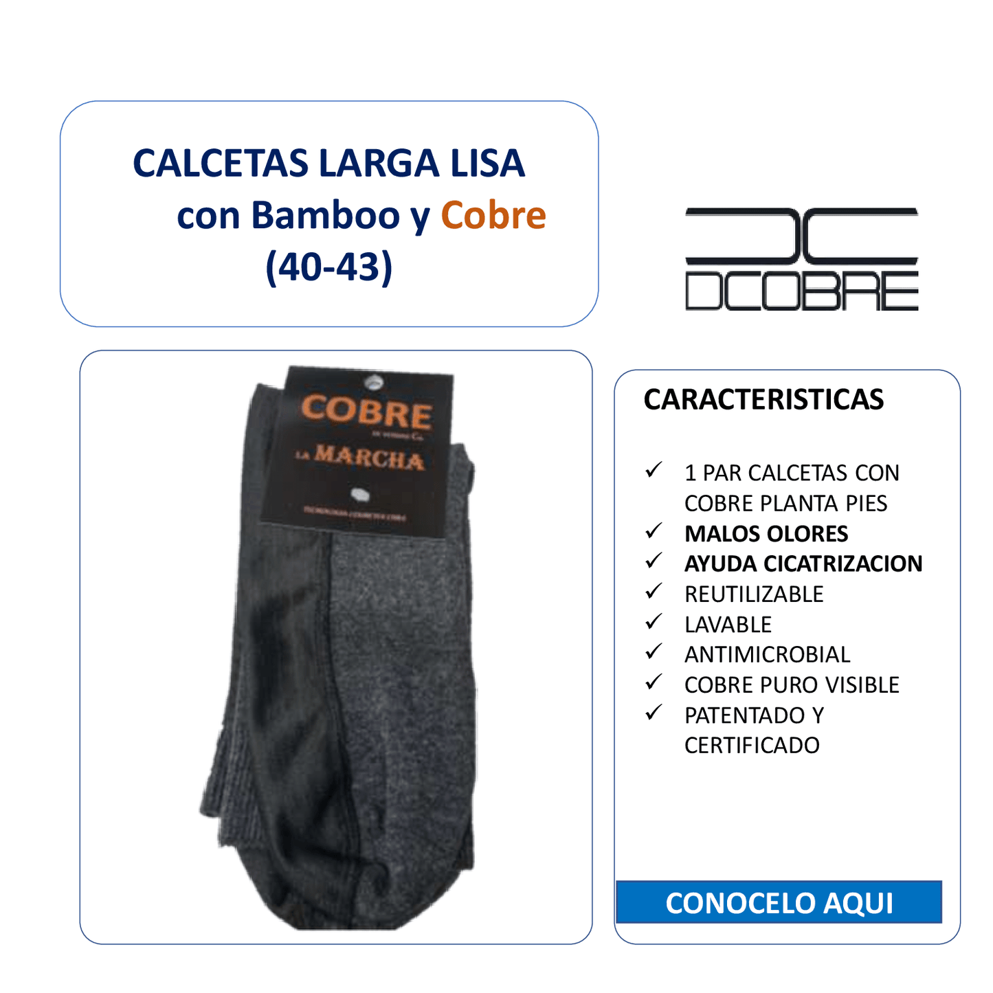 Calceta larga lisa Bamboo y Cobre, refuerzo planta pies con cobre puro, LA MARCHA, LIQUIDACIÓN.