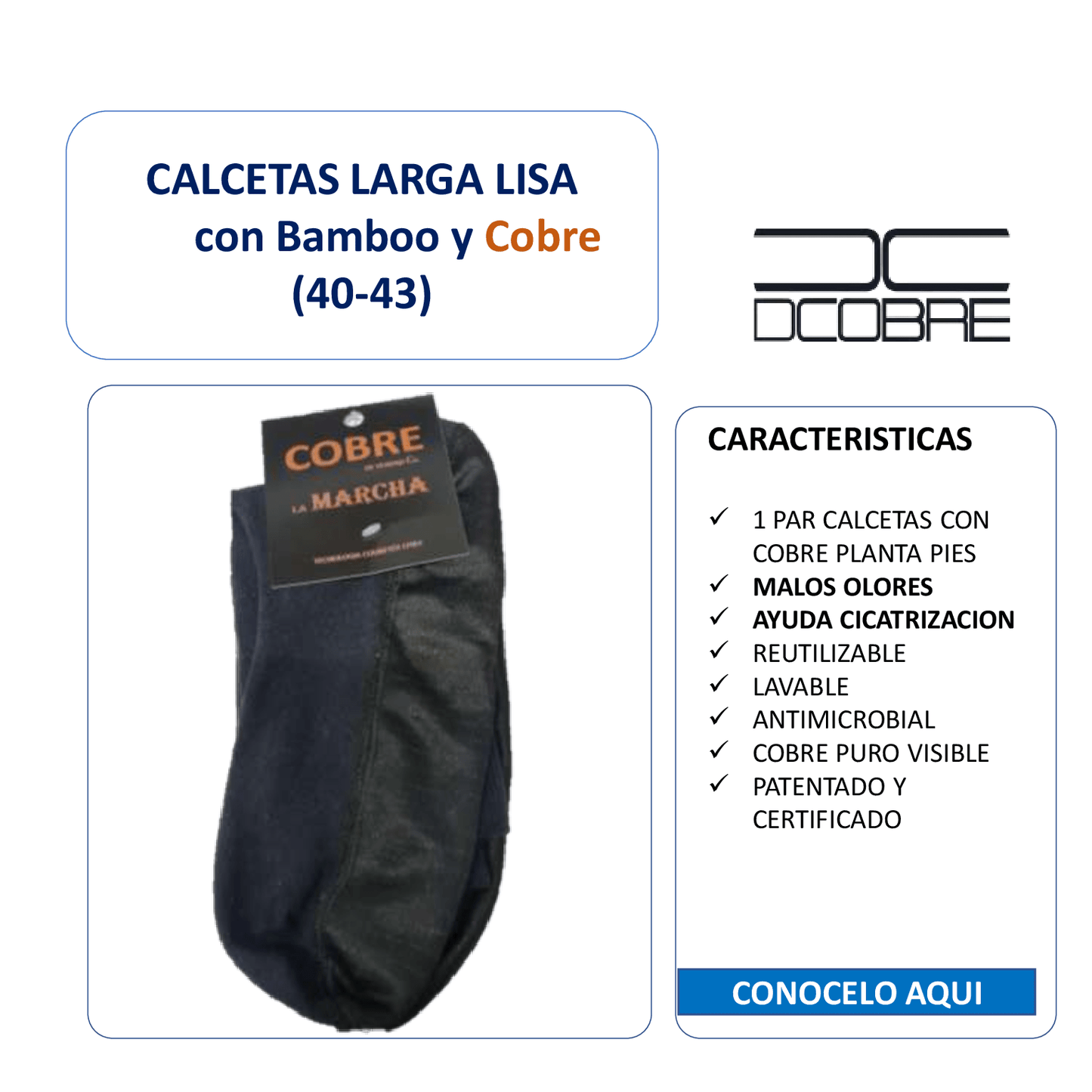 Calceta larga lisa Bamboo y Cobre, refuerzo planta pies con cobre puro, LA MARCHA, LIQUIDACIÓN.