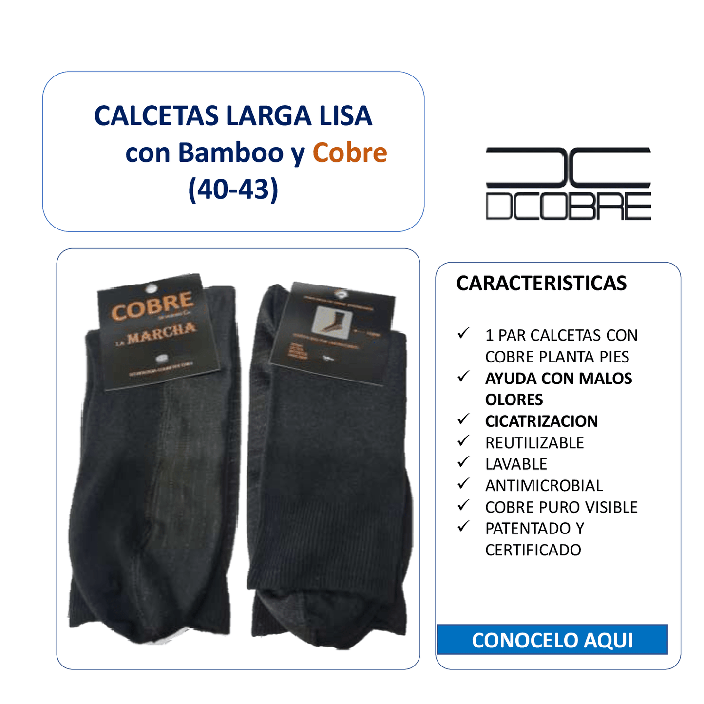 Calceta larga lisa Bamboo y Cobre, refuerzo planta pies con cobre puro, LA MARCHA, LIQUIDACIÓN.