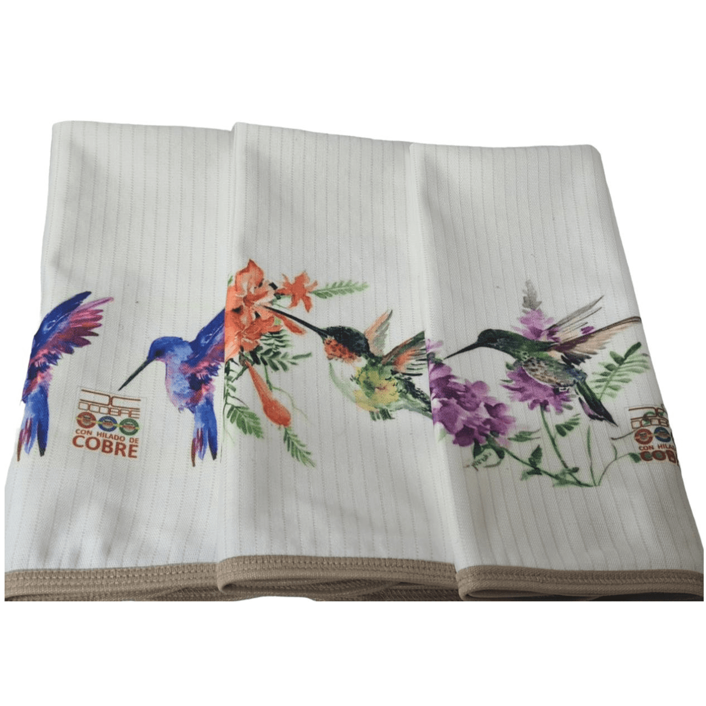 3 paños de platos absorbentes ELIMINA OLORES Y GERMENES. COLIBRI EN FLOR, tela cobre activo (grueso).