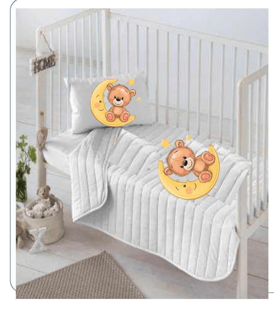 Manta Bebé GRUESA en Cobre modelo Luna y Oso + Funda cojín + pack toallitas.