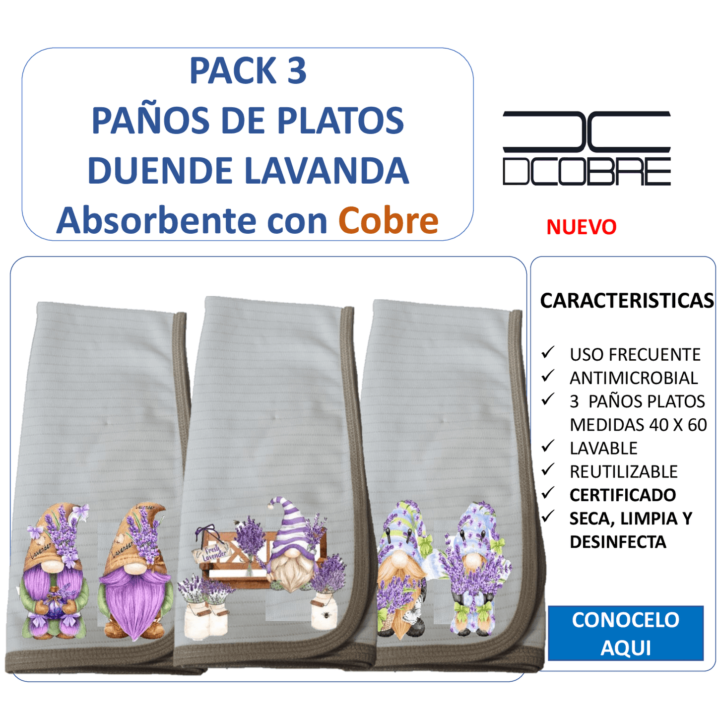Pack 3 paños de platos absorbente DUENDES LAVANDA, tela cobre activo (grueso).
