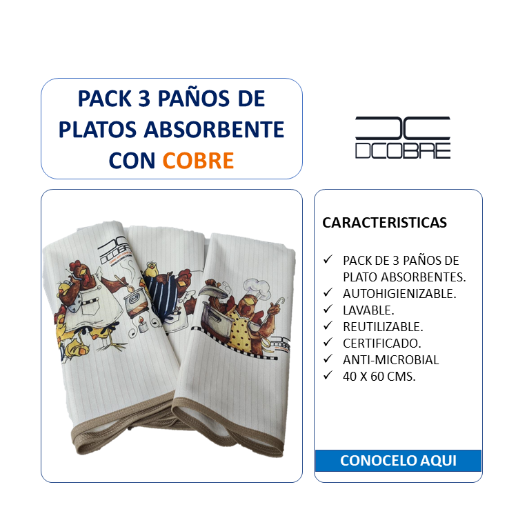 Pack 3 Paños de platos Cobre elimina gérmenes y olores Mod. Gallinas , absorbente (grueso).