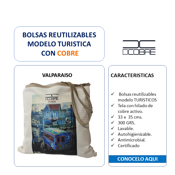 Bolsas reutilizables Mod. Turisticas con cobre activo.