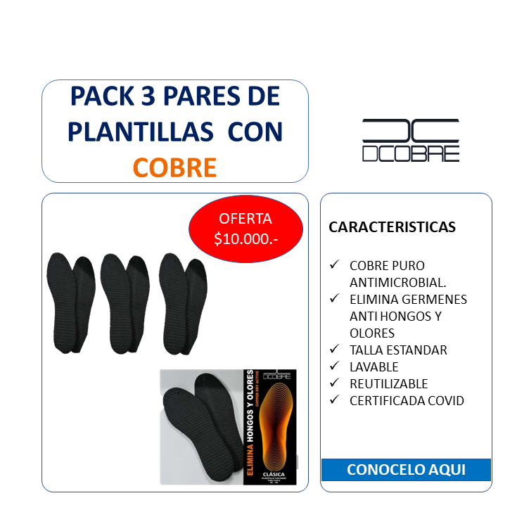 Pack 3 Pares de Plantillas de COBRE elimina mal olor, absorbe humedad