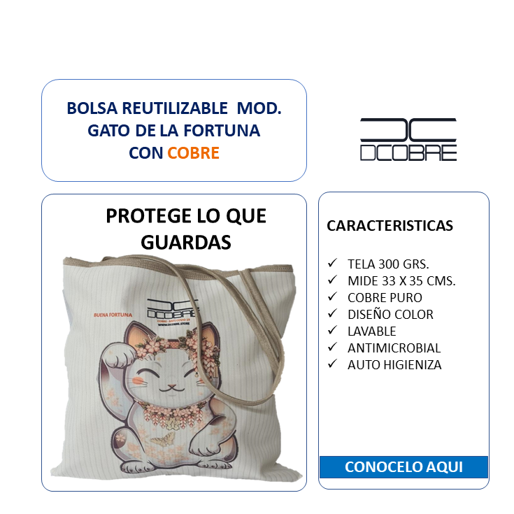Bolsas Reutilizables Mod. gato de la fortuna. con cobre