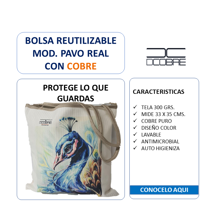 Bolsa Reutilizable Mod. Pavo Real con cobre.