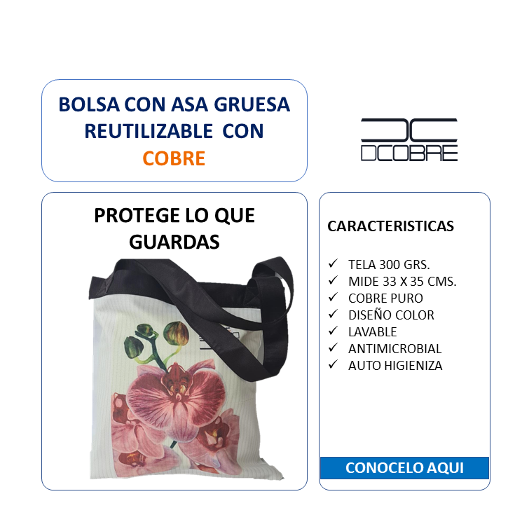Bolsa con asa gruesa reutilizable, con cobre activo. 300 grs.