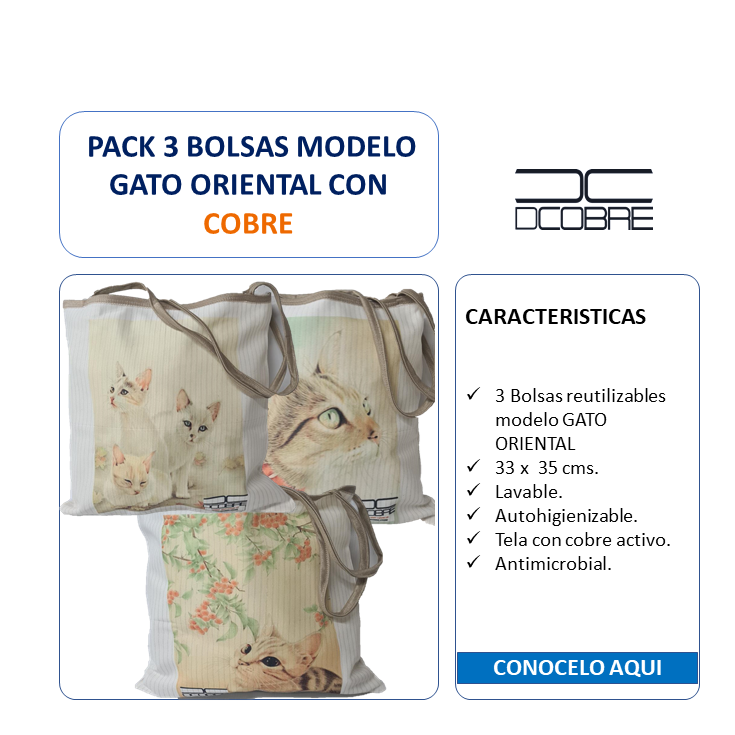 Pack 3 bolsas reutilizable Modelo Gato Oriental con Cobre.