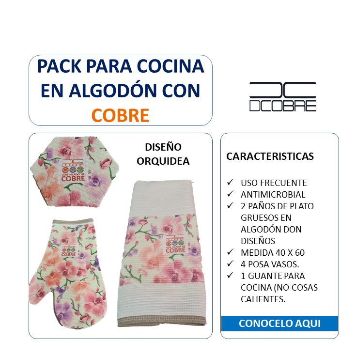 Pack para cocina en Polycotton con Cobre. Diseño Orquídea NUEVO
