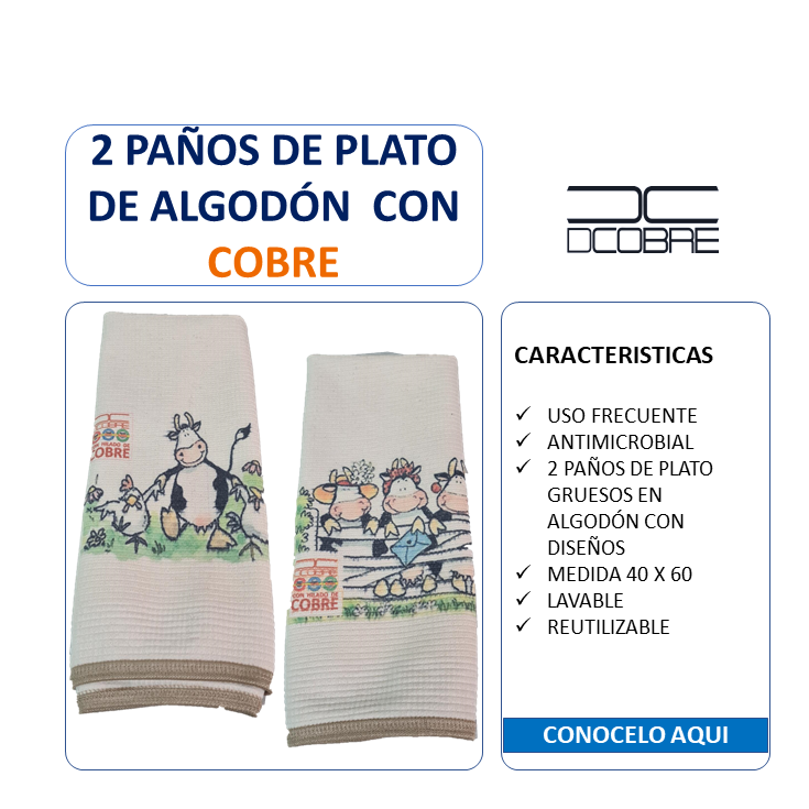 Pack 2 paños de platos Polycotton Cobre. elimina olores y germenes Diseño Vaquitas.