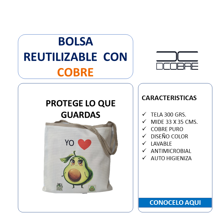 Bolsa Reutilizable Modelo PALTA, con cobre activo. 300 grs.