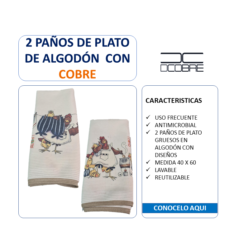 Pack 2 Paños platos Polycotton Cobre elimina germenes y olores ,Diseño Gallina o Picaflor.