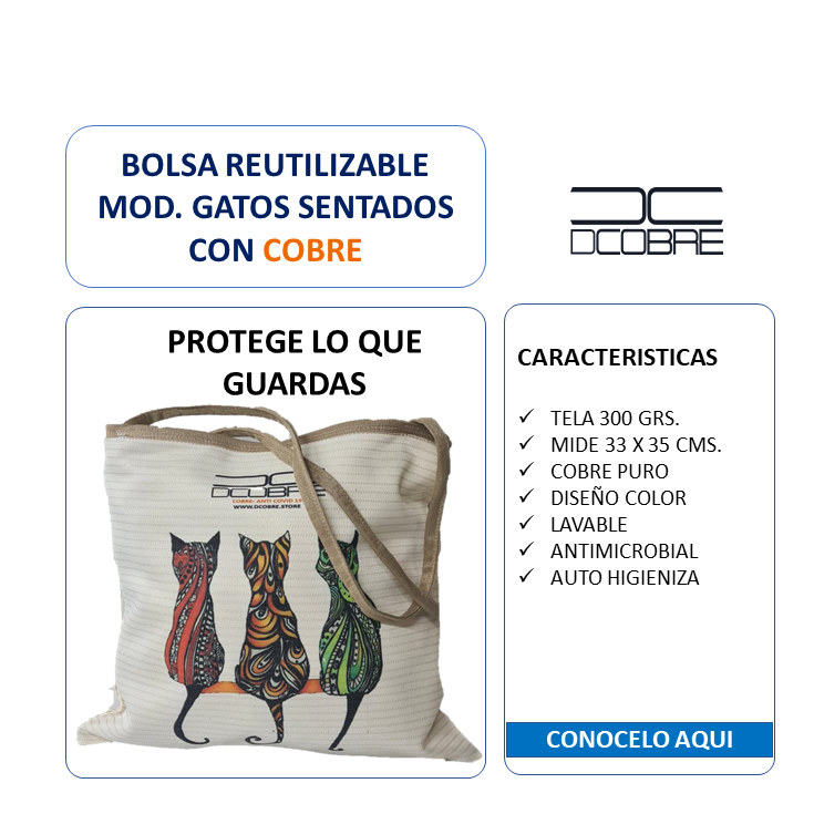 Bolsa Reutilizable Mod. gatos sentados, con cobre activo.