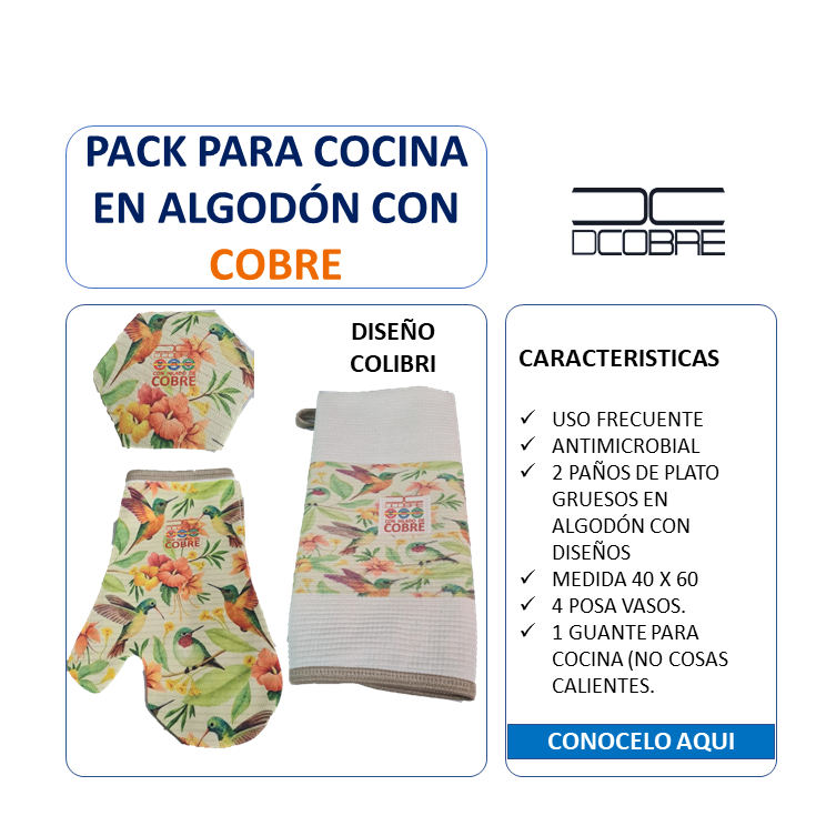 Pack para cocina en Polycotton con Cobre. Diseño Colibrí, NUEVO