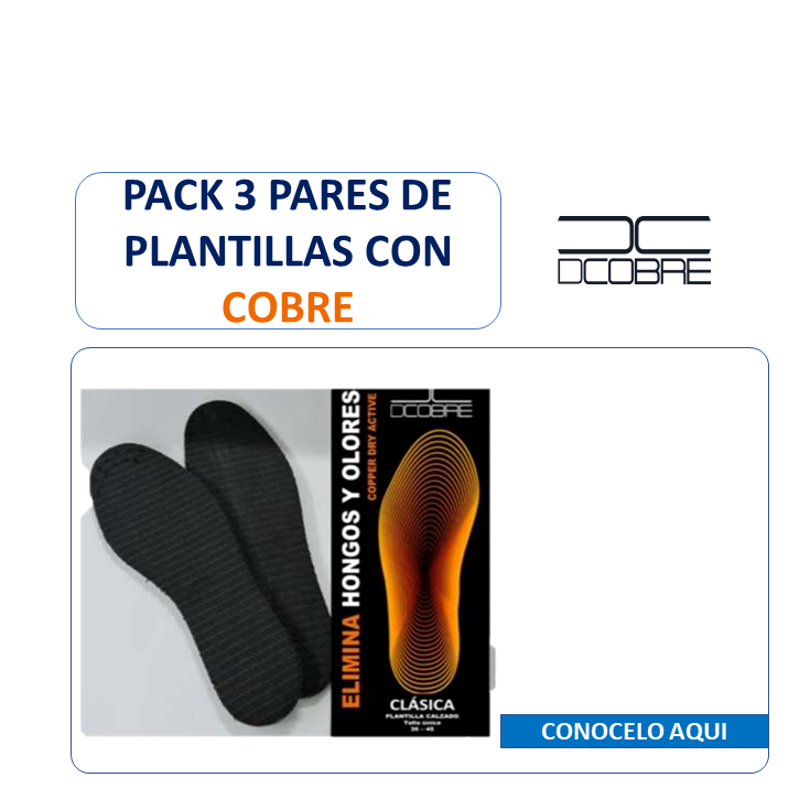 Pack 3 Pares de Plantillas de COBRE elimina mal olor, absorbe humedad