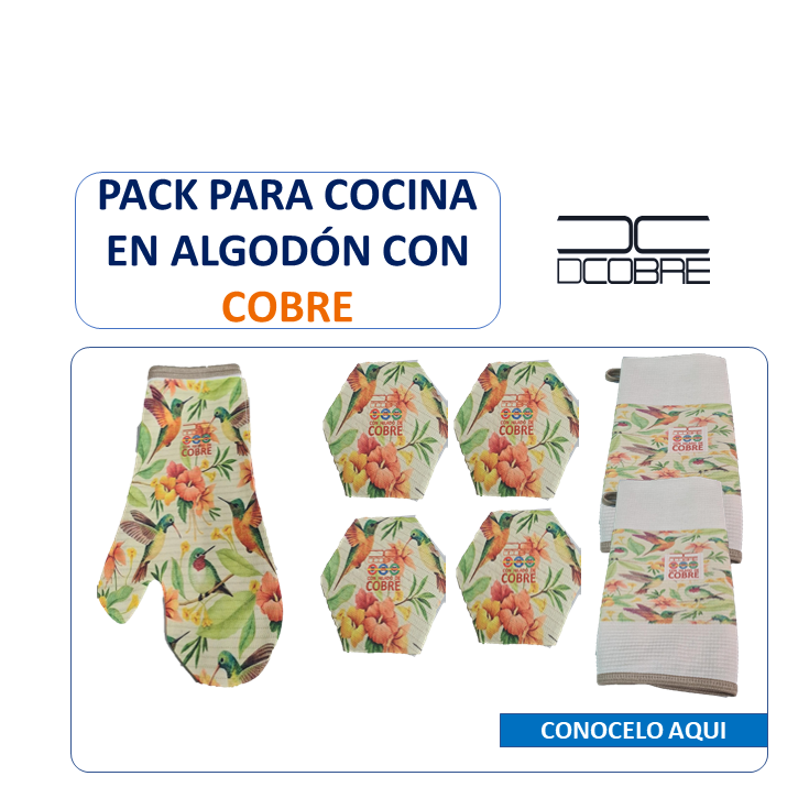 Pack para cocina en Polycotton con Cobre. Diseño Colibrí, NUEVO